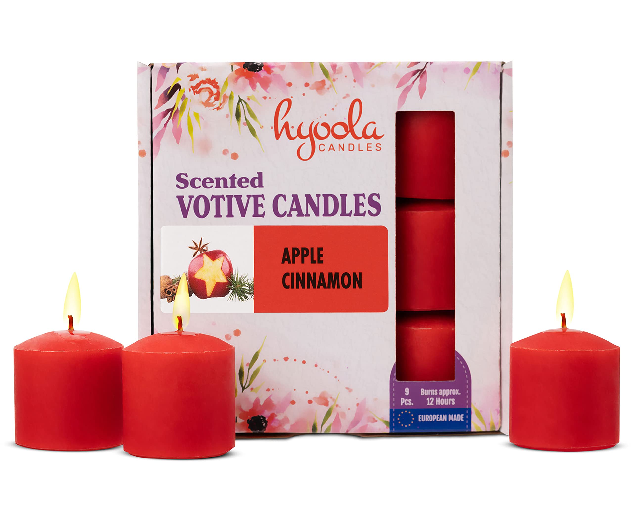 Hyoola Scented Votive Candles - Apple Cinnamon Votive Candles Scented -12 Hour Burn Time - 9 Pack - European Made