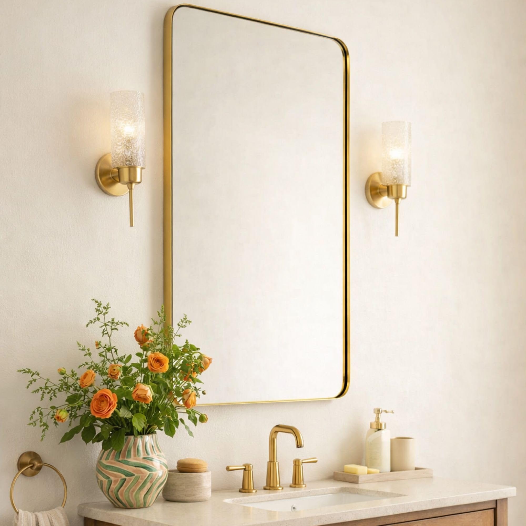GRACTO 24x30'' Brushed Gold Metal Framed Bathroom Mirror for Wall in Stainless Steel Rounded Rectangular Bathroom Vanity Mirrors Wall Mounted Image