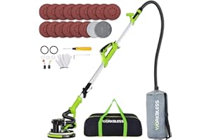 WorkBless Drywall Sander, 1050W 7.2A Popcorn Ceiling Removal Tool, Automatic Drywall Sander with Vacuum Dust Collector, 7 Variable Speed 1000-2100RPM, 15Pcs Sanding Discs(Green)