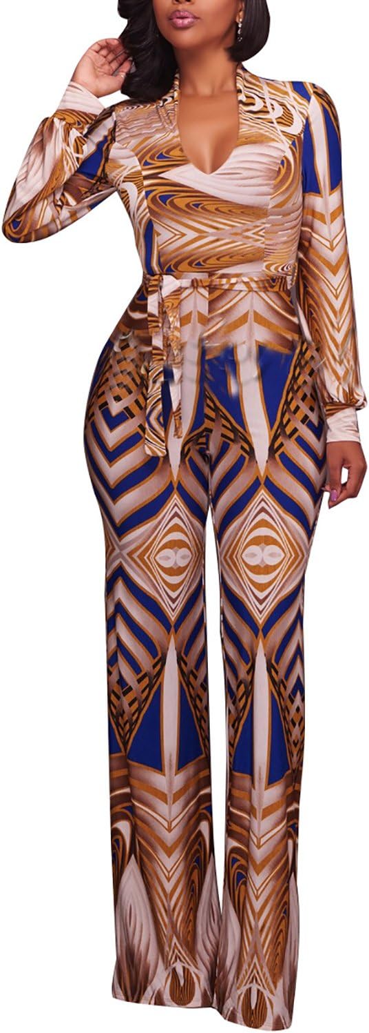 Wordbuy Women's V Neck Printed Long Sleeve Bell Bottom Evening Gown Jumpsuits Romper
