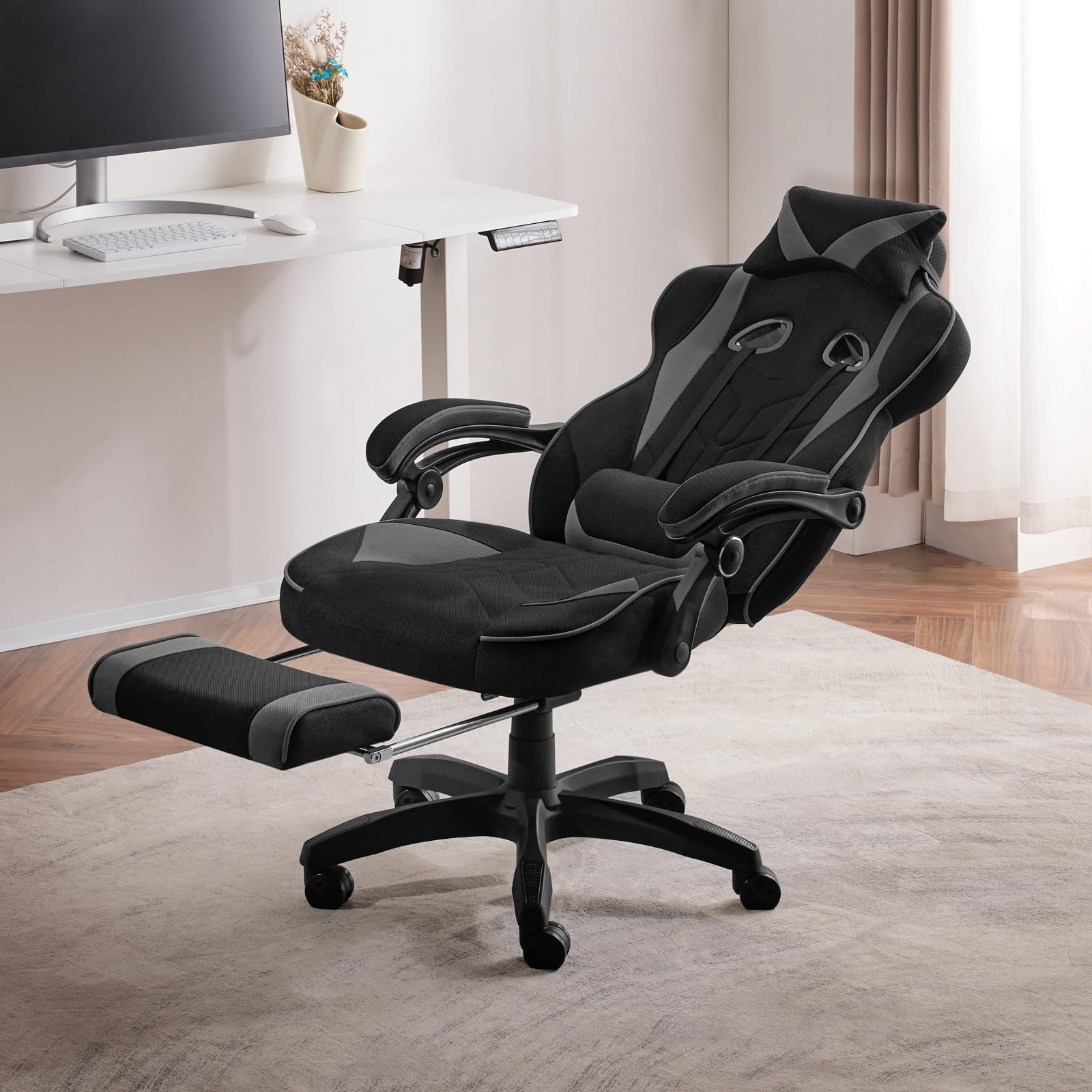 WOLTU Gaming Stuhl Stoff Stoff Kühl im Sommer Ergonomischer, 150 kg Belastbarkeit Verstellbarer Rückenlehne, Ergonomische Lendenstütze, Fußstütze, Büro- & Game-Sessel, Schwarz+Grau 9