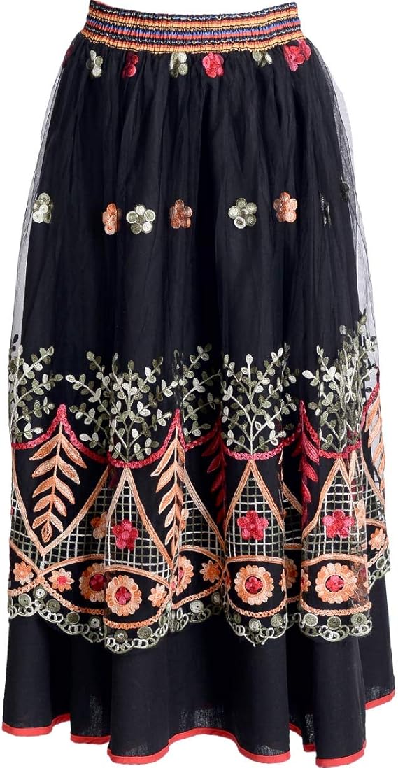 Amazon Marai マーライ チュールスカート ロングスカート レディース フレアスカート 刺繍 花柄 ウエストゴム 大きいサイズ Aライン ロング エスニック アジアン ブラック スカート 通販