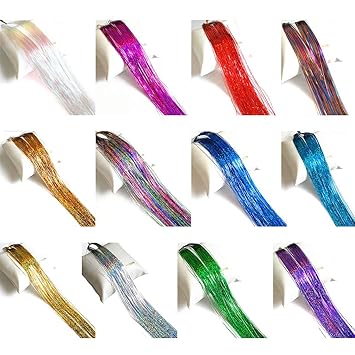 Kapmore 12PCS Hair Extension Assorted Sparkling Synthetic Hair Tinsel Hair Strand