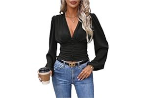 GORGLITTER Women's Deep V Neck Button Front Smocked Top Ruched Long Lantern Sleeve Cropped Blouse