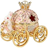 FASSLINO Bunny Pumpkin Carriage with Flowers Jewelry Trinket Box Hinged Hand-Painted Enamel Ornaments Gift for Home Decor (Pink)