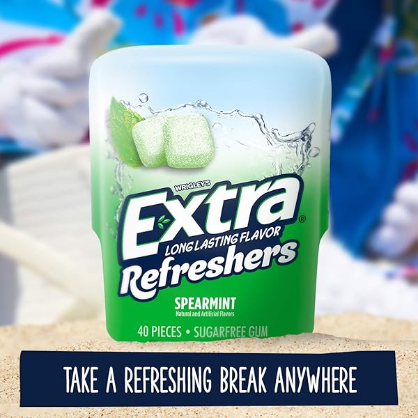 EXTRA GUM REFRESHERS SPEARMINT BULK CHEWING GUM – SUGAR-FREE, 40 PIECE RESEALABLE BOTTLE PACK OF 4