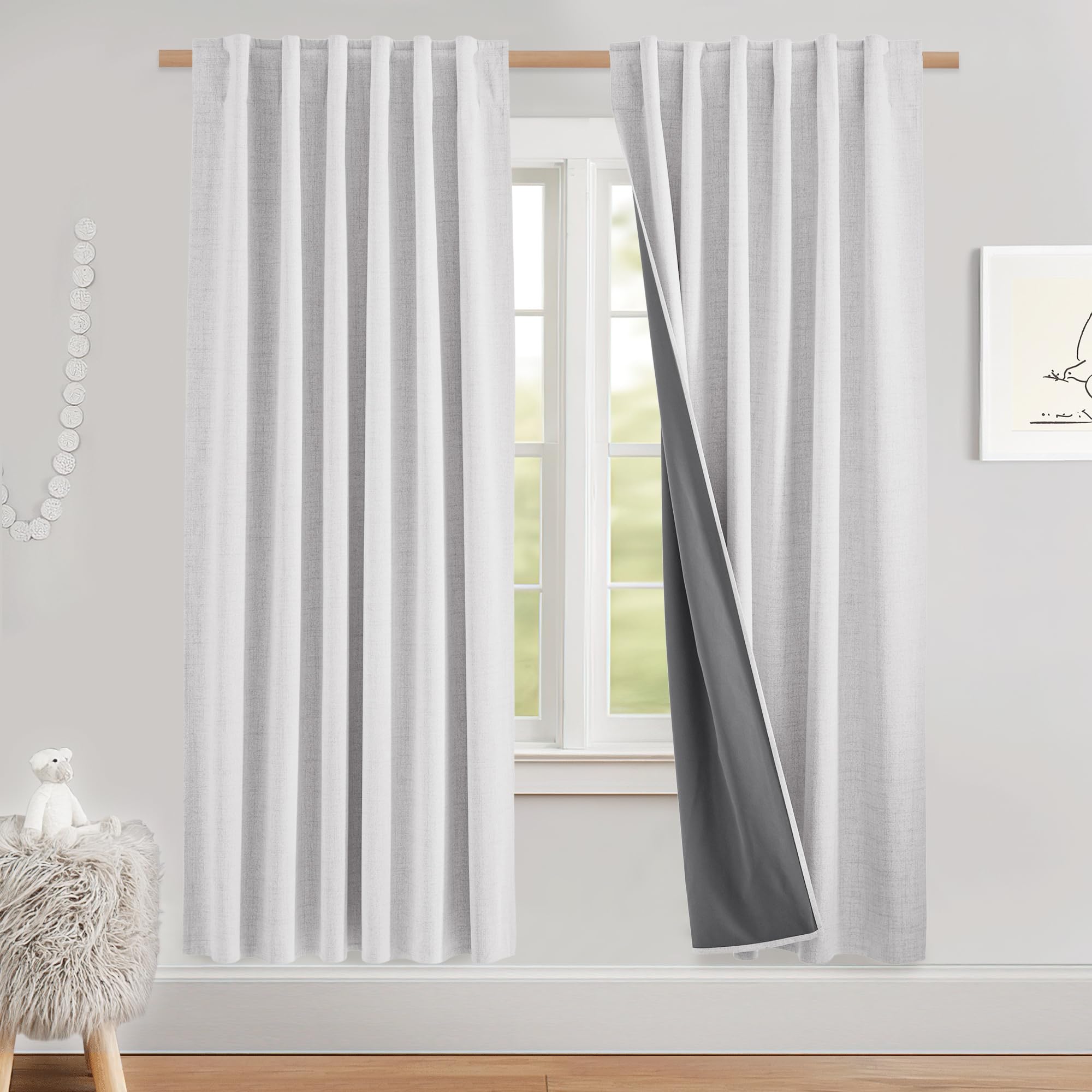 NICETOWN Linen Full Blackout Curtains 52 x 80 inch Panels, Full Bedroom Light Blocking, Thick Linen Blend Rod Pocket & Back Tab Draperies with Liners for Home Theater(Set of 2, Greyish White) Image