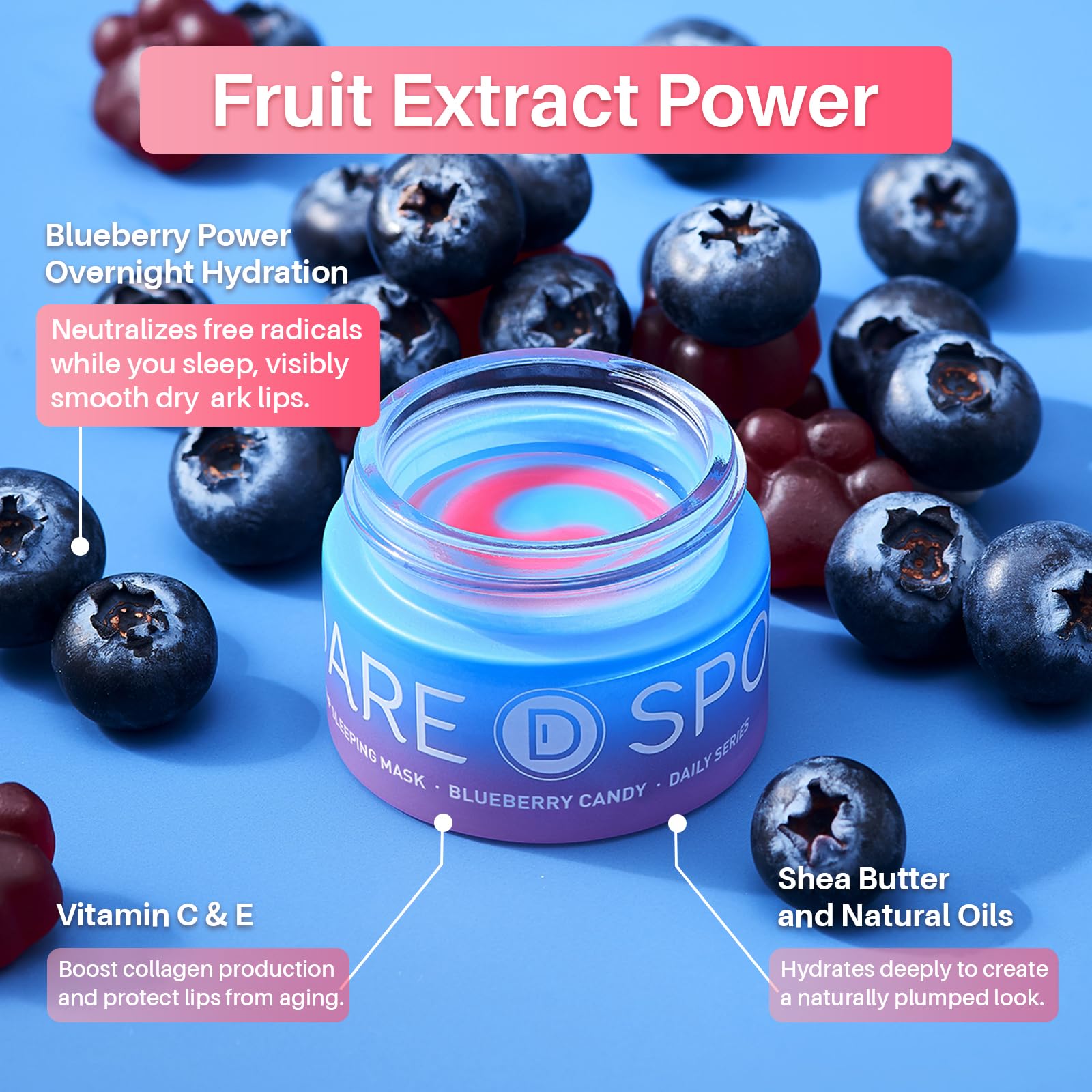 SPODARE Blueberry Lip Mask Overnight, Dual-Color Lip Sleeping Mask for Reduce Fine Lines, Nourish and Hydrating Dry Cracked Skin with Vitamin C and Shea Butter -0.42 Fl Oz