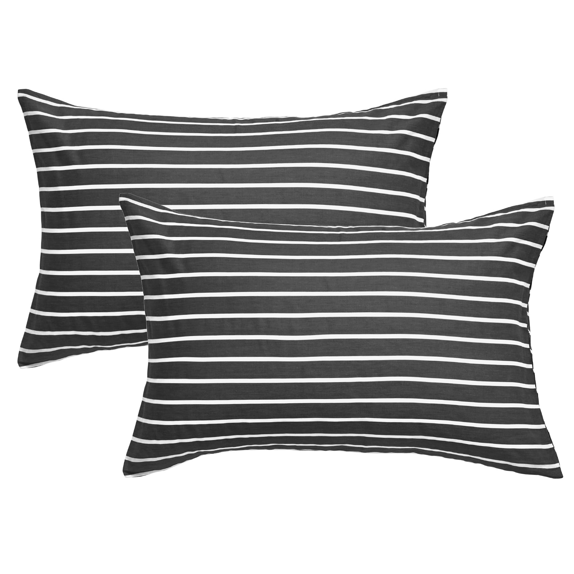 JELLYMONI 100% Natural Cotton Striped Standard Pillowcases Set, 2 Pack White and Black Stripes Pattern Printed Pillow Covers with Envelope Closure(Pillows are not Included)