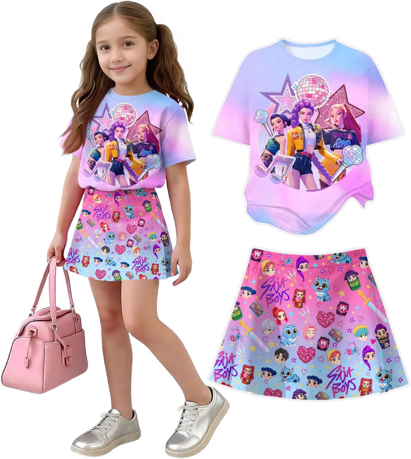 Girls 2-Piece Anime Outfit Set, Short Sleeve Graphic T-Shirt and Printed Skirt Set