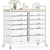 TOOLF 12 Drawers Rolling Storage Cart with Wooden Top for Classroom,White | Teacher Cart Craft Art Supply Organizer, Utility Cart with Lockable Wheels for Home Household Essentials, Office Organization