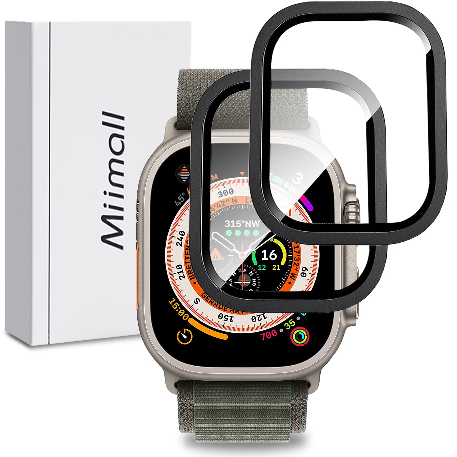 Miimall Titanium Frame for Apple Watch Ultra 3/2/1 49mm, HD Tempered Glass Screen Protector with Metal Cover Case, Anti-Scratch Bezel Protector for iWatch Ultra 49mm-Black