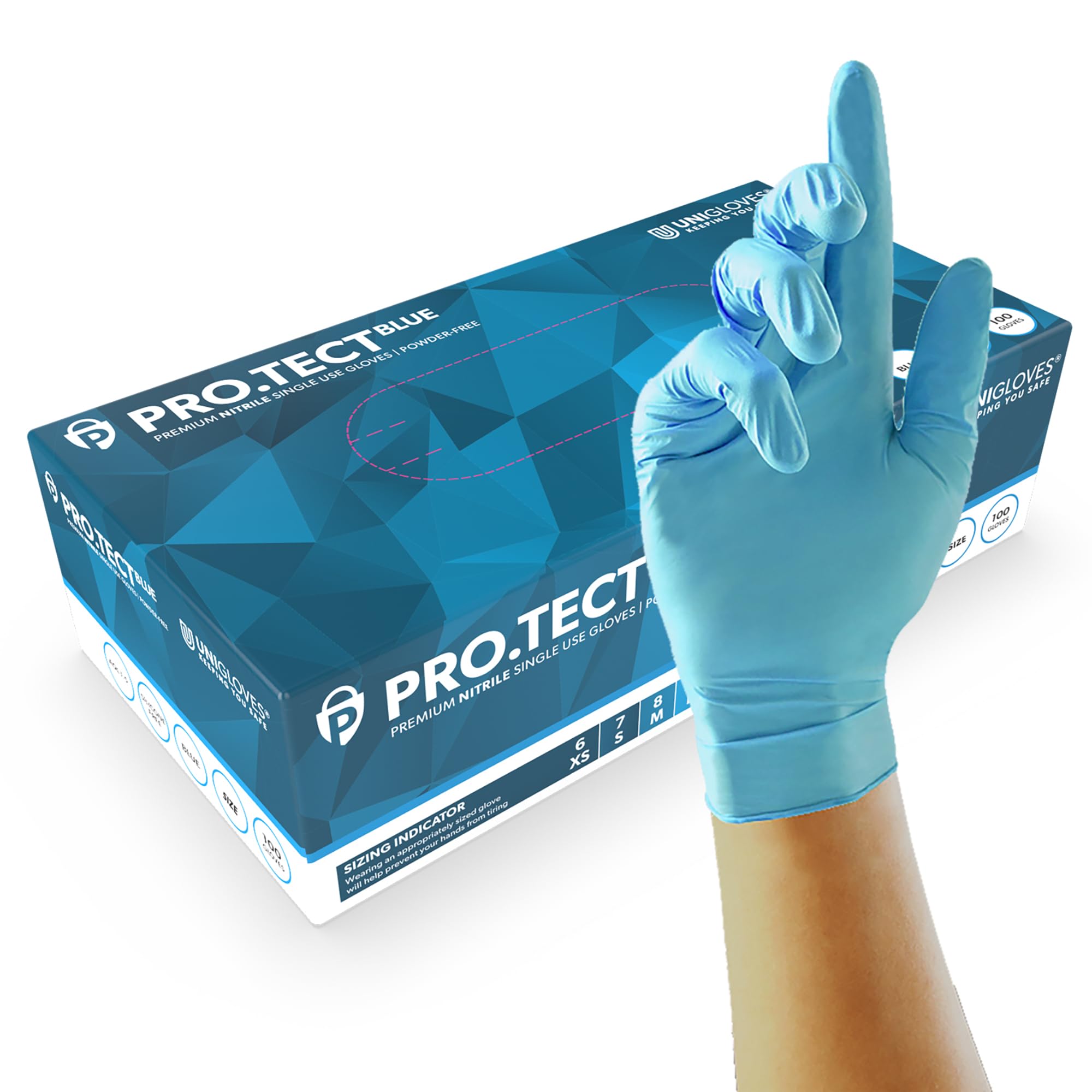 Unigloves PRO.TECT Blue GU0043 Heavy Duty Nitrile Gloves - Multipurpose, Powder and Latex Free, Disposable Gloves, Box of 100 Gloves, Blue, Medium