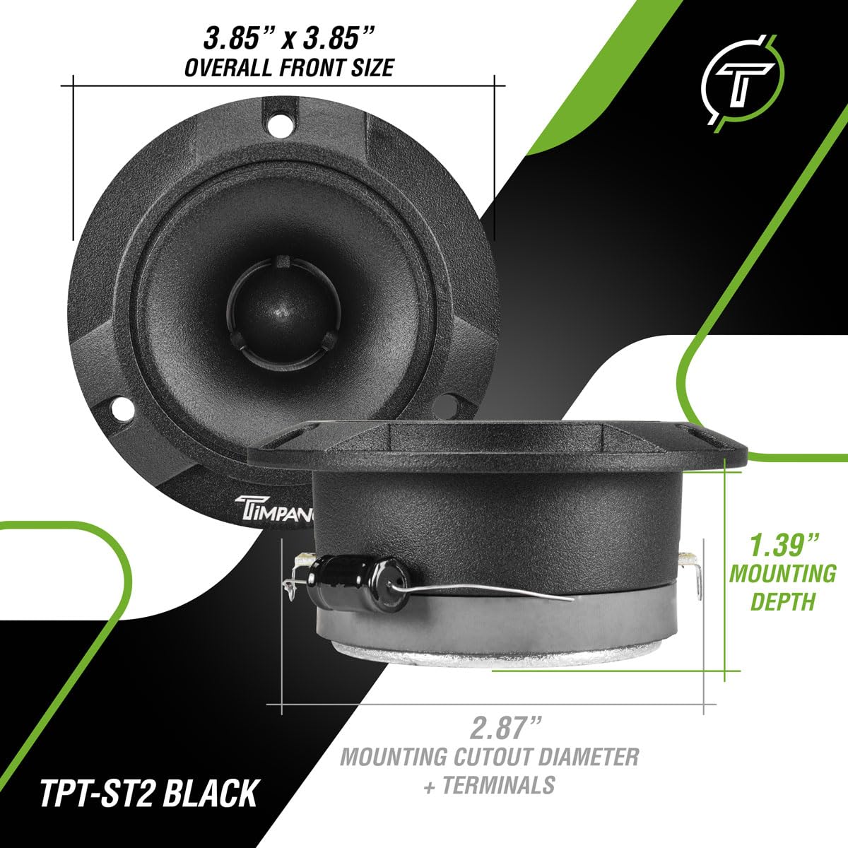 Timpano TPT-ST2 Black Slim Super Tweeter, 600 Watts 4 Ohm, 105 dB, 1 in Voice Coil, 3.85 inch Pro Car Sound System Bullet Tweeters (Pair)