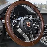 HAOKAY Top Grade Brown Genuine Leather Steering Wheel Cover Men Women, Luxury Steering Wheel Cover for Cars, SUVS and Trucks, Universal 14.5-15 inch