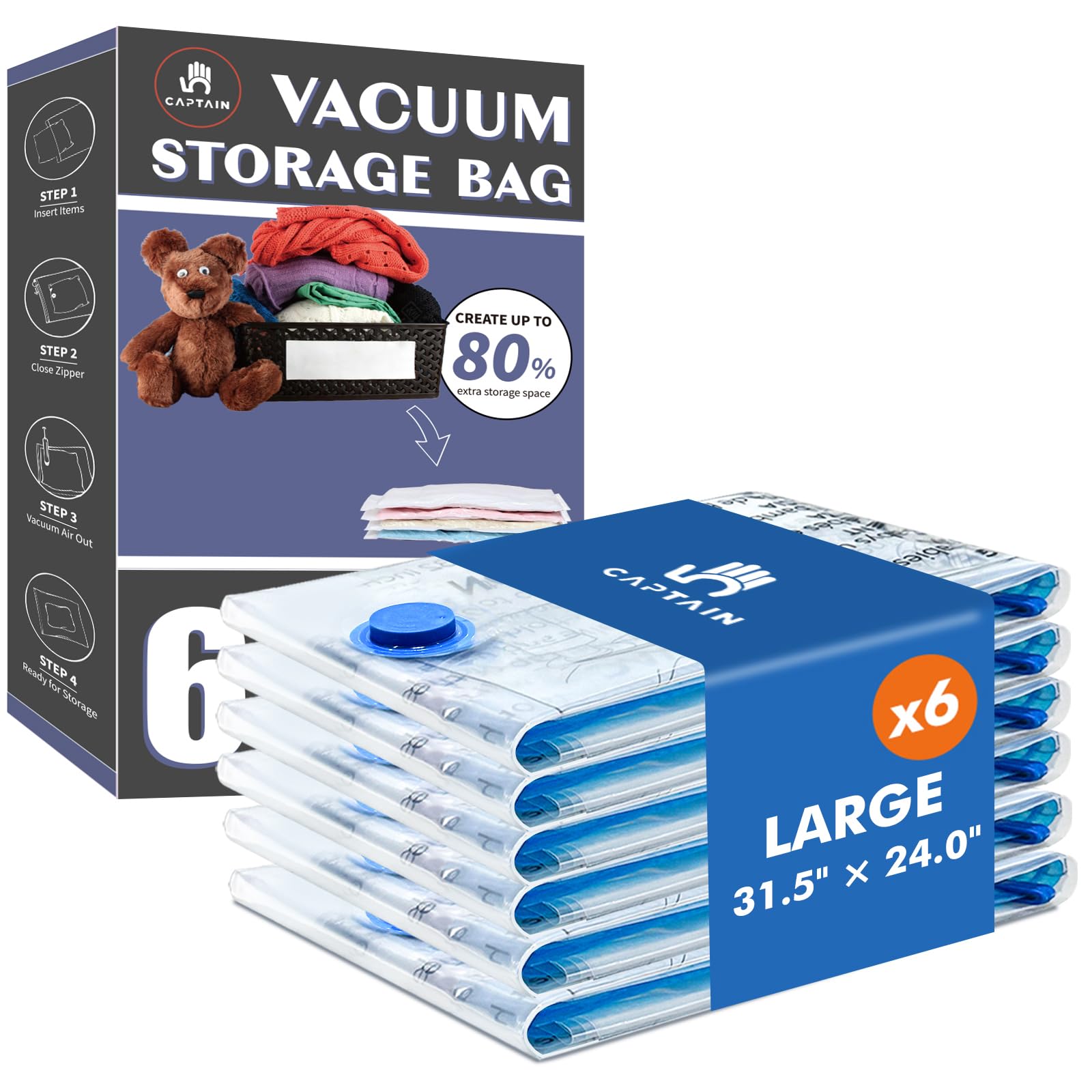 CaptainFive Vacuum Storage Bags Large 6 Packs(31.5'' x 24'), Vacuum Pack Bags for Clothes, Pillows, Comforters, Duvets, Vacuum Bags for Storage for Home Organization, Moving and Storage, Space Saver