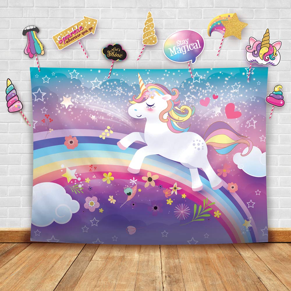 Magical Unicorn Theme Photography Backdrop and Studio Props. Great as Birthday Photo Booth Background, Girls Rainbow Banner Party Supplies and Princess Baby Shower Decorations