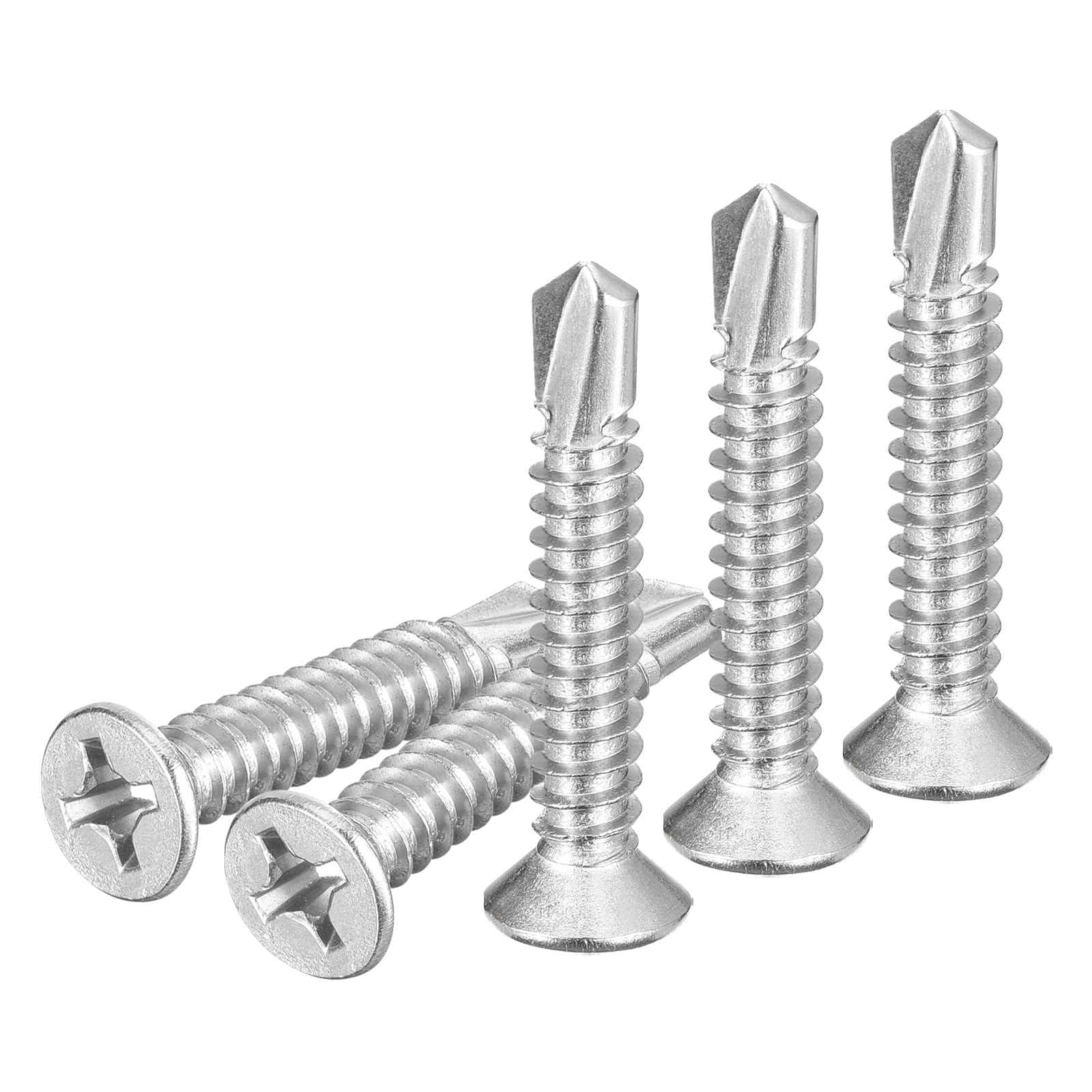 DTGN 50Pcs ST6.3x38mm Self Drilling Screws, 410 Stainless Steel Flat Head Phillips Sheet Metal Screw - Good for Wood to Metal, Furniture - Silver
