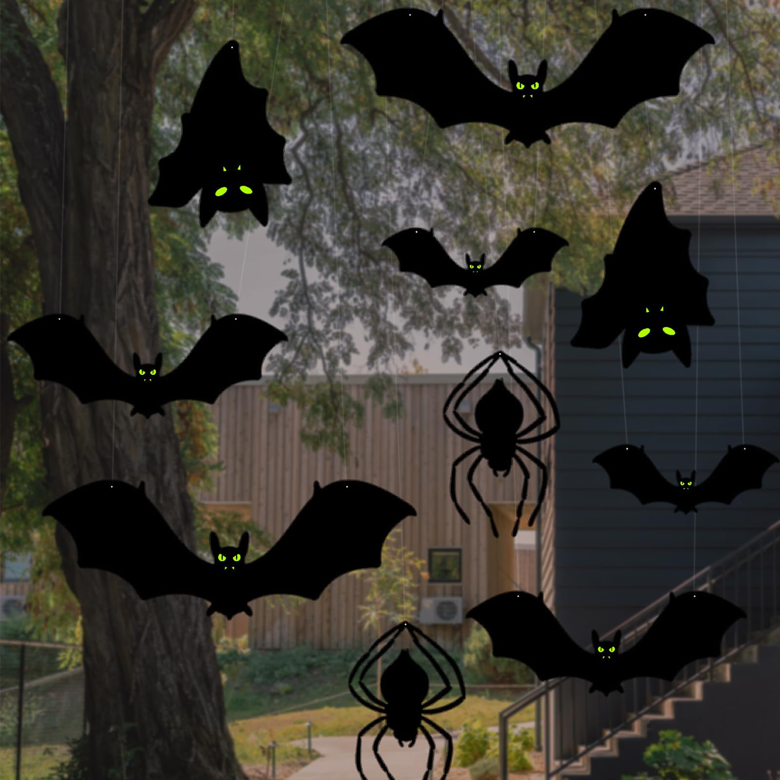 Photo 1 of 10 Pack Bats Halloween Decoration, Scary Black Bat with Glowing Eyes, Sets Include 8 Bats (4 Sizes), 2 Spider, Extra 100 pcs Glue Dots & 157ft String for Indoor Outdoor Halloween Decorations - Classic