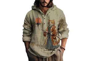 MARSVOVO Mens Japanese Art Long Sleeve Hooded Shirts Lightweight Quarter Button Hoodie Casual Cool Tops for Spring Fall