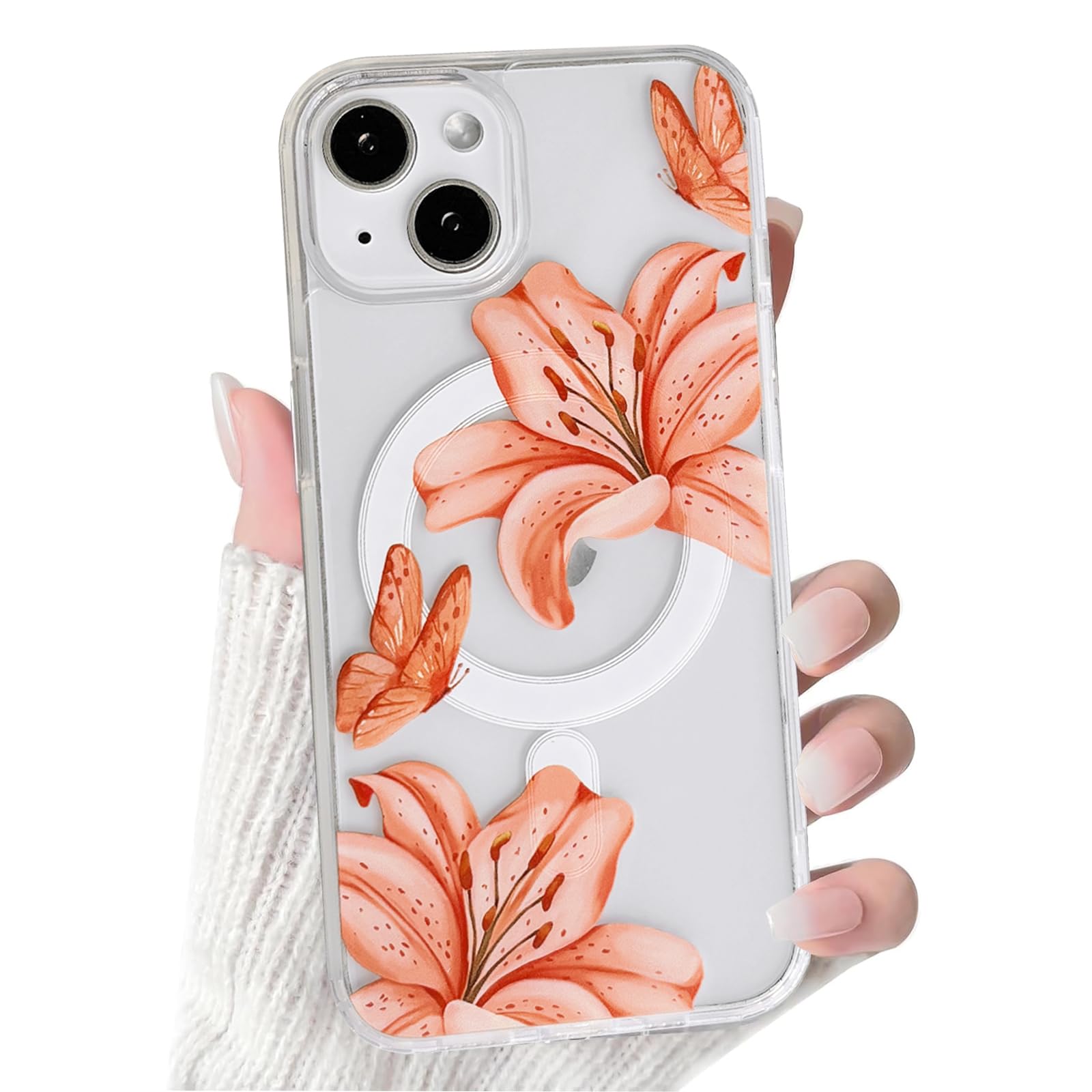 NITITOP Compatible with iPhone 14 Plus / 15 Plus Case Clear Magnetic Compatible with MagSafe Cute Lily Flowers Floral for Women Girls Hard PC Back Shockproof Protective Phone Cover - Orange