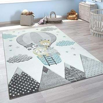 Kinderzimmer Teppich Blau Grau Heissluftballon Wolken Tiere 3 D Design Pastell Grosse 140x200 Cm Amazon De Kuche Haushalt