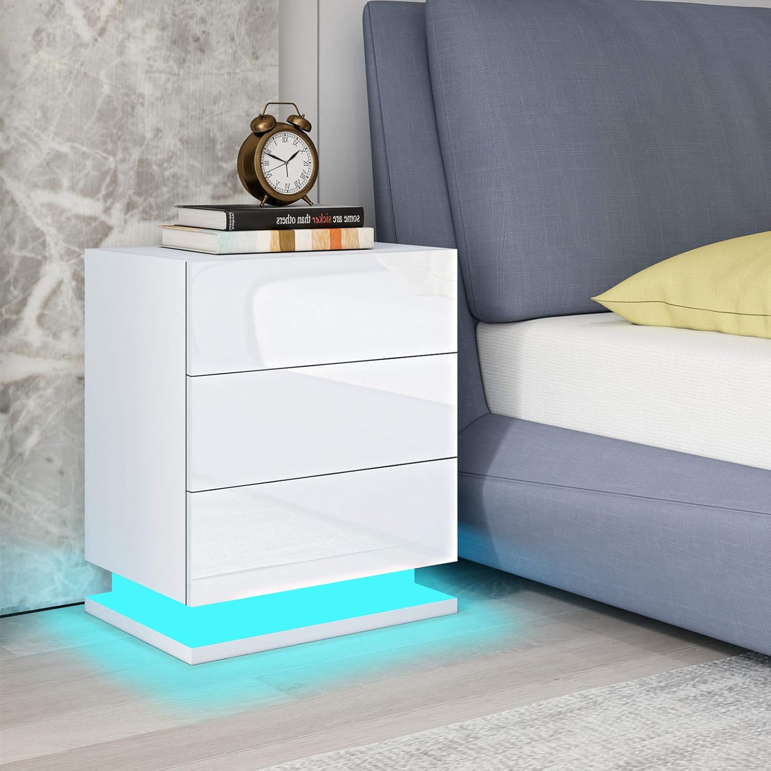 UNDRANDED Modern Bedside table chest of 3 drawers High Gloss RGB LED