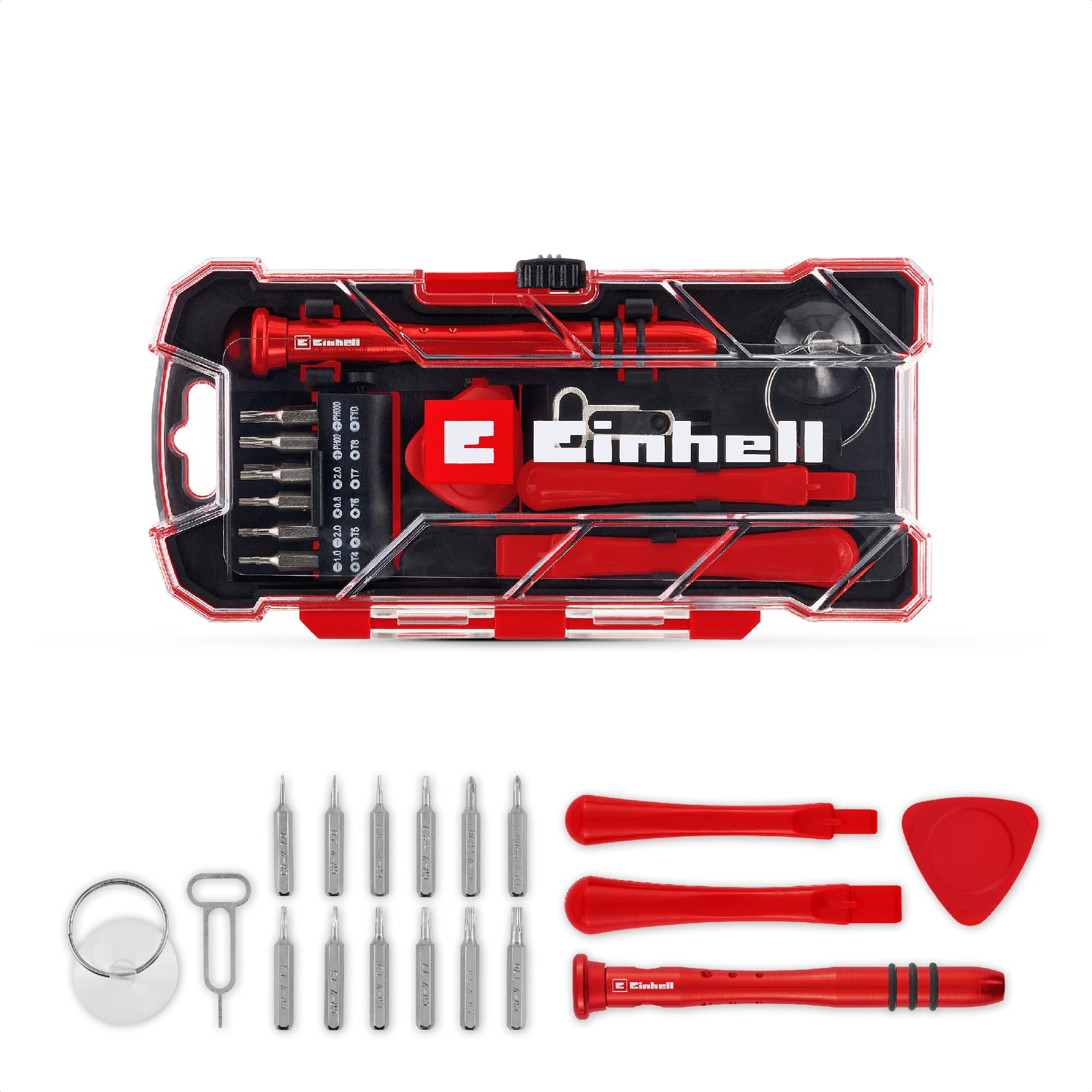 Original Einhell Smartphone-Reparaturset 18-tlg. (12 CR-V-Präzisionsbits, ergonomischer Schraubendreher, Öffnungswerkzeuge, Saugnapf, ideal für Elektrogeräte)