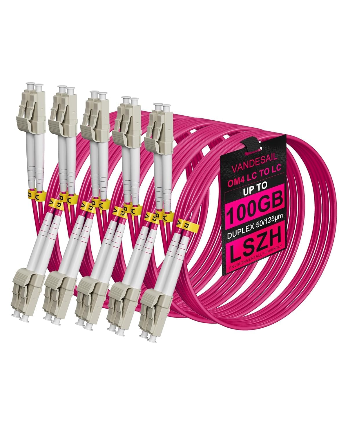 VANDESAIL LC to LC Multimode Fiber Patch Cable 4M OM4, 1/10/40/100Gbs Duplex Fiber Optical Patch Cords MMF LC-LC Jumper 50/125µm LSZH for SFP Transceiver -4M(13FT) 5pack Image