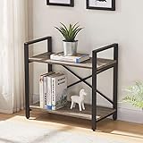 BON AUGURE Small Bookshelf for Small Space, 2 Tier Shelf Floor Bookcase for Storage, Industrial Short Low Wood Metal Book Shelves for Bedroom, Office and Living Room(Dark Gray Oak)