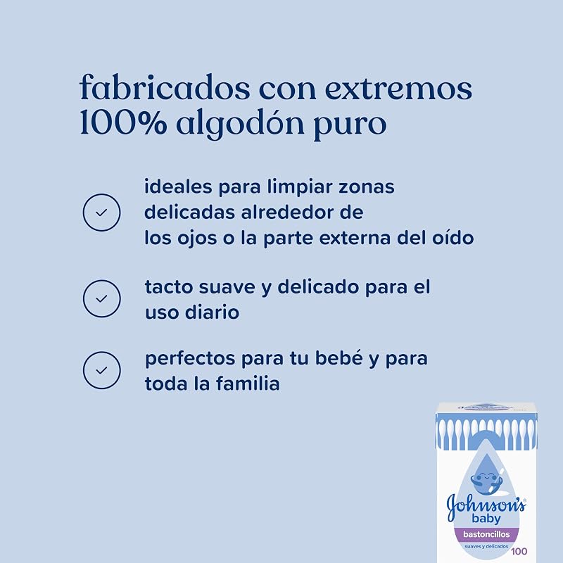 Cotonetes johnson's baby para bebês, crianças e adultos (1 caixa x 100), cotonetes com pontas de algodão 100% puro e palitos de papel 100%