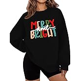 LETSEE Christmas Sweatshirts for Women Merry And Bright Crewneck Oversized Fleece Sweater Xmas Holiday Top