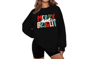 LETSEE Christmas Sweatshirts for Women Merry And Bright Crewneck Oversized Fleece Sweater Xmas Holiday Top