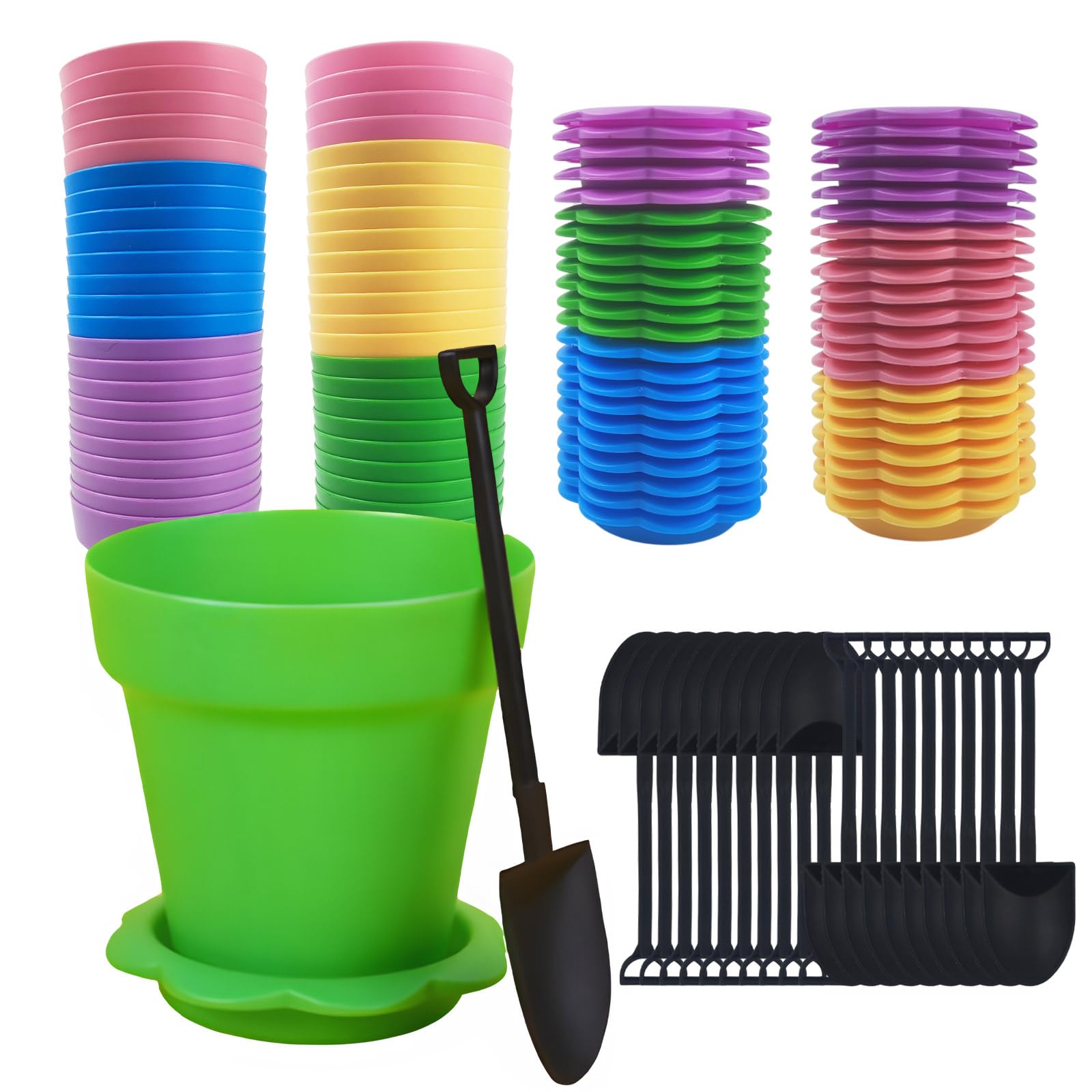 Photo 1 of CIEOVO 50 Set Cupcake Plant Nursery Pots with Saucers, Plastic Flower Pots with Saucers Shovels Seeds Planting Containers Cups Containers for Garden Office Decor Plant Succulent Display
