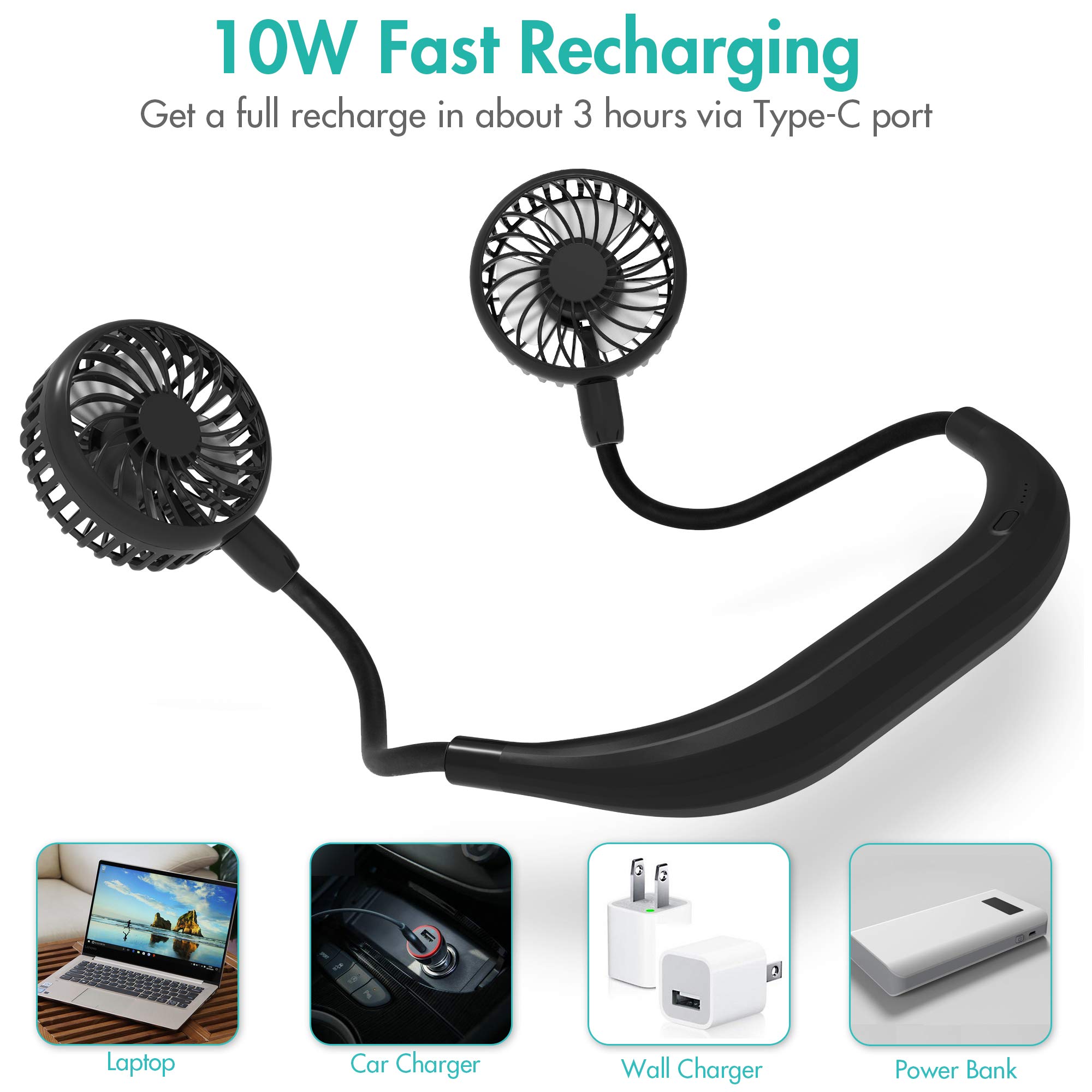 COMLIFE Portable Neck Fan, 5000mAh Rechargeable Battery Powered, 3 Speeds, 360°Adjustable, Double Cooling, Hands-Free Personal Wearable USB Neckband Fan for Home Office Outdoor Travel Sports