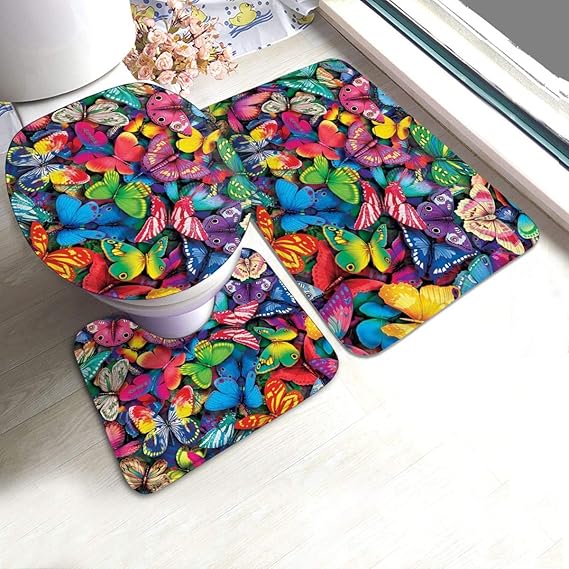 BLSYP Butterflies 3 Pieces Bathroom Rugs Set,Soft Chenille Bath Mats