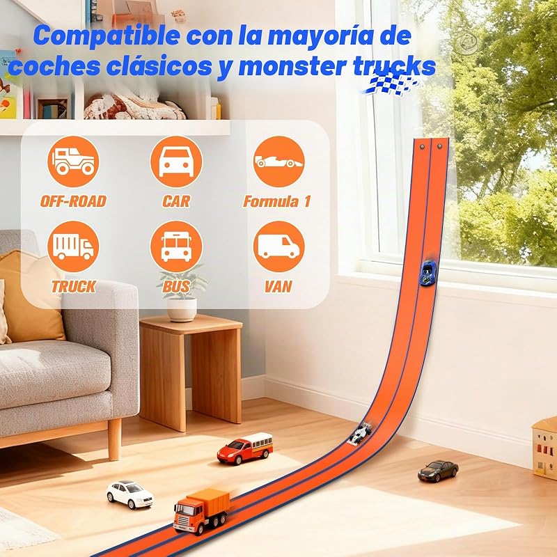 Carreras de Coches Flexibles, 4,5 m, Incluye 6 Coches, Rampas Portátiles de Doble Circuito, Rampas para Coches de 1/64, Regalo para Niños a Partir de 3 Años