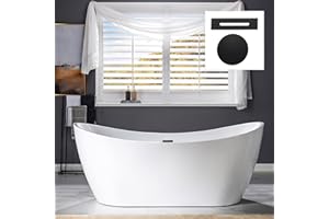 WOODBRIDGE 71" Acrylic Freestanding Bathtub Contemporary Soaking Tub, White Acrylic (Matte Black Drain/Overflow),B0017 MB Drain &O