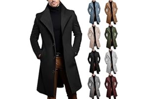 Men's Wool Blend Trench Coats Mid Long Single Breasted Lapel Pea Coat Winter Business Casual Overcoats with Pockets