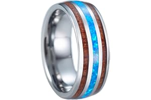 Aloha Jewelry Company 8mm Opal Tungsten Carbide Hawaiian Koa Tree Wood with Created Comfort Fit Ring Engagement Wedding Band Dome Style Weighted High Polished Finish with Gift box