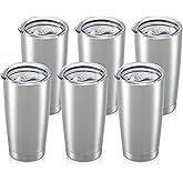 HZJSTSWQ 20 oz Tumbler Bulk with Lid Stainless Steel Insulated Tumblers Double Wall Vacuum Coffee Mug Powder Coated Tumbler Cups for Cold and Hot Drinks, Stainless Steel, 6 pack