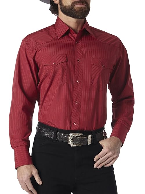 WranglermensSport Western Two Pocket Long Sleeve Snap Shirt Wine