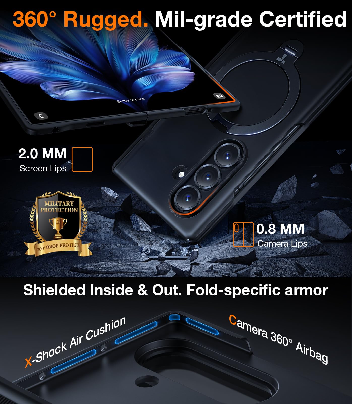 TORRAS 360 Spin Magnetic Stand for Galaxy Z Fold 7 Case, MIL-Grade Hinge Protection, Fit for Magsafe, 360 Kickstand & Ring Holder, Armor Hard Slim Case for Samsung Galaxy Z Fold 7, Black