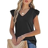 JUSTFASHIONNOW Womens Summer Ruffle Flutter Sleeve V Neck Tops, Soft Casual Striped Versatile Dressy Blouses