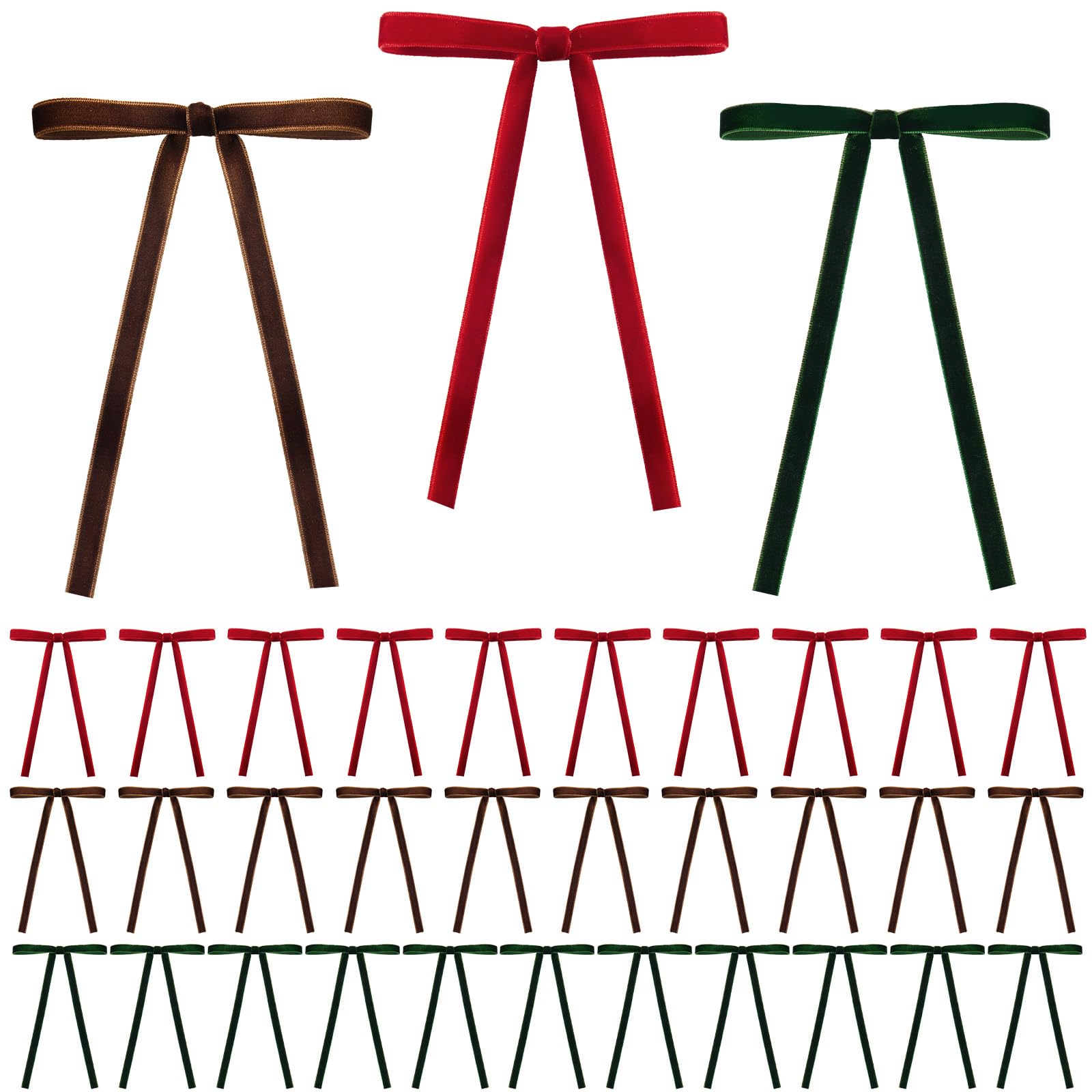 Photo 1 of 30 Pcs Velvet Ribbon Bows for Christmas Tree Decorations - Assorted Colors (Green, Brown, Red) 10 of Each, 5x7 in Pre-Tied Rustic Vintage Bows for Wreath, Garland, Gift Wrapping & Holiday Home Décor