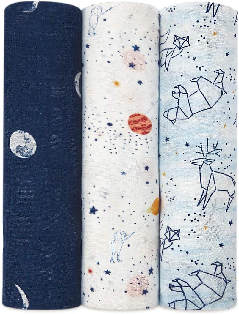 aden + anais silky soft Muslin Swaddle & Receiving Blankets for Baby Girls & Boys, 120x120cm, Ideal Newborn & Infant Swaddling Wrap Set of Bamboo Viscose, Perfect Shower Gifts, 3 Pack, stargaze