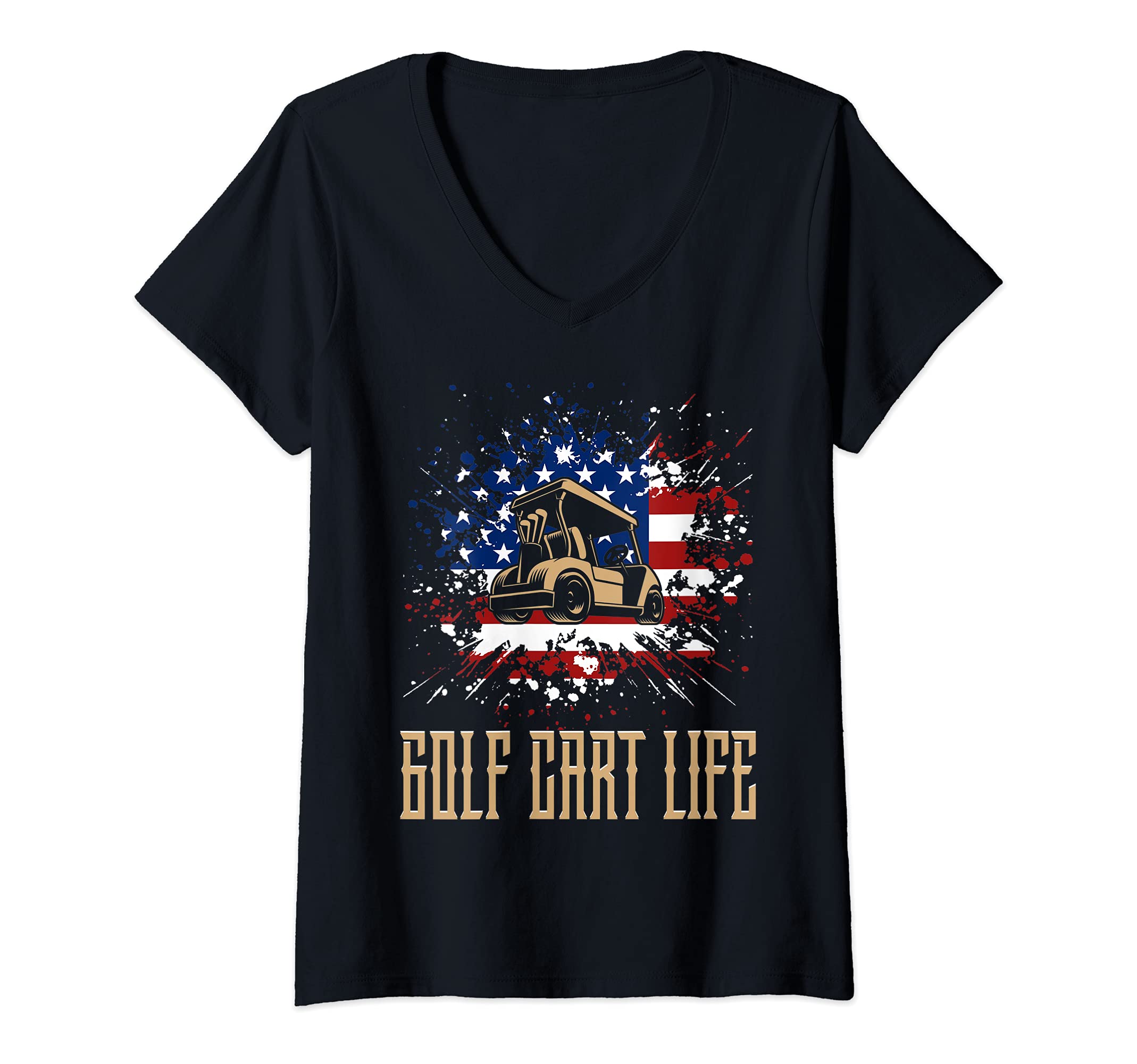 Womens Golf Cart Life American Flag Ball Swing Golfing Course Golf V-Neck T-Shirt