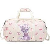 Dance Bag for Girls Sports Duffle Gym Ballet Weekender Overnight Bags with Separate Dry Wet Pocket and Shoes Compartment for Teen Girls Corduroy Sequined Cat（Cat Beige）