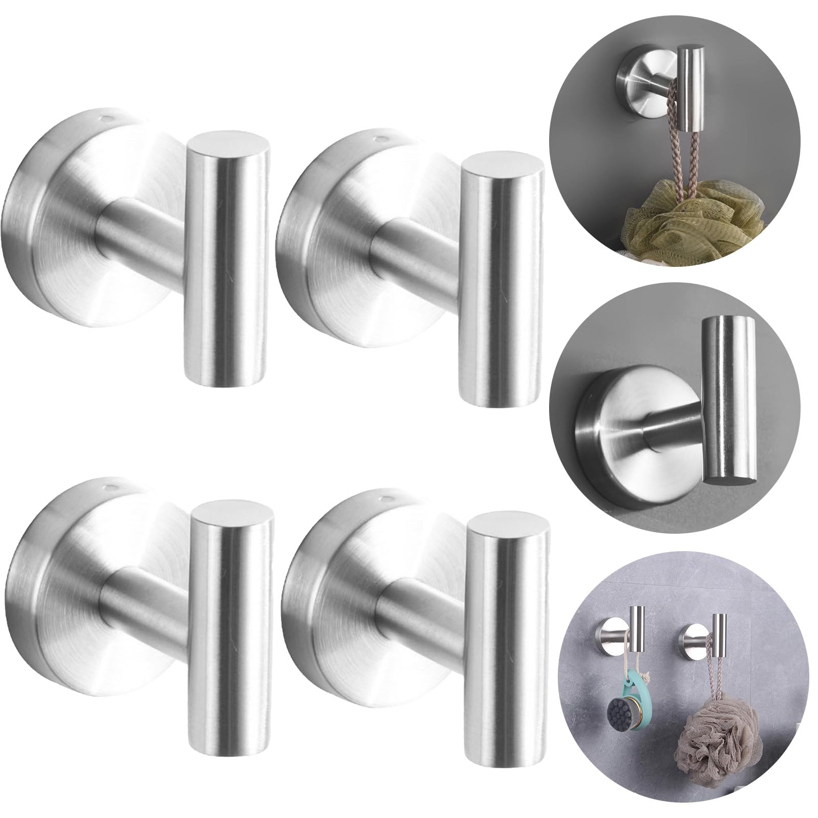 Boxonly Heavy Duty No-Drill Stainless Steel Suction Cup Coat Hook – Bathroom and Kitchen Towel Hooks, Brushed Silver – 4 Pcs, Strong Suction Hold, Up to 5kg Capacity, Modern Minimalist Design