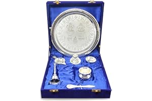 NOBILITY Pooja Thali Set Silver Plated with Blue Gift Box Designed Puja Plate 22 CM Bowl Ghanti Kalash Spoon Dhup Dan Diya for Home Office Diwali Wedding Return Gift Items